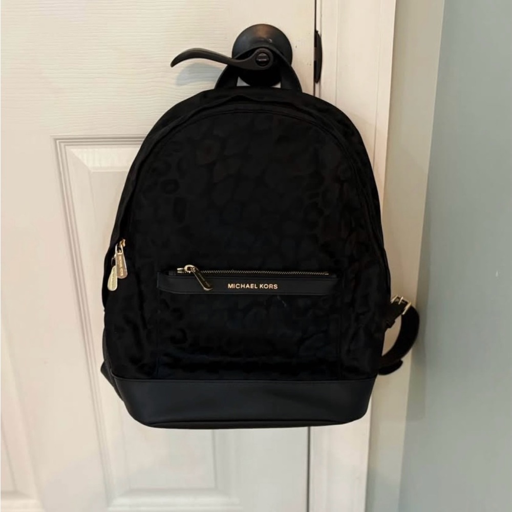 Michael Kors leopard print Black Textured Backpack with Gold Zipper